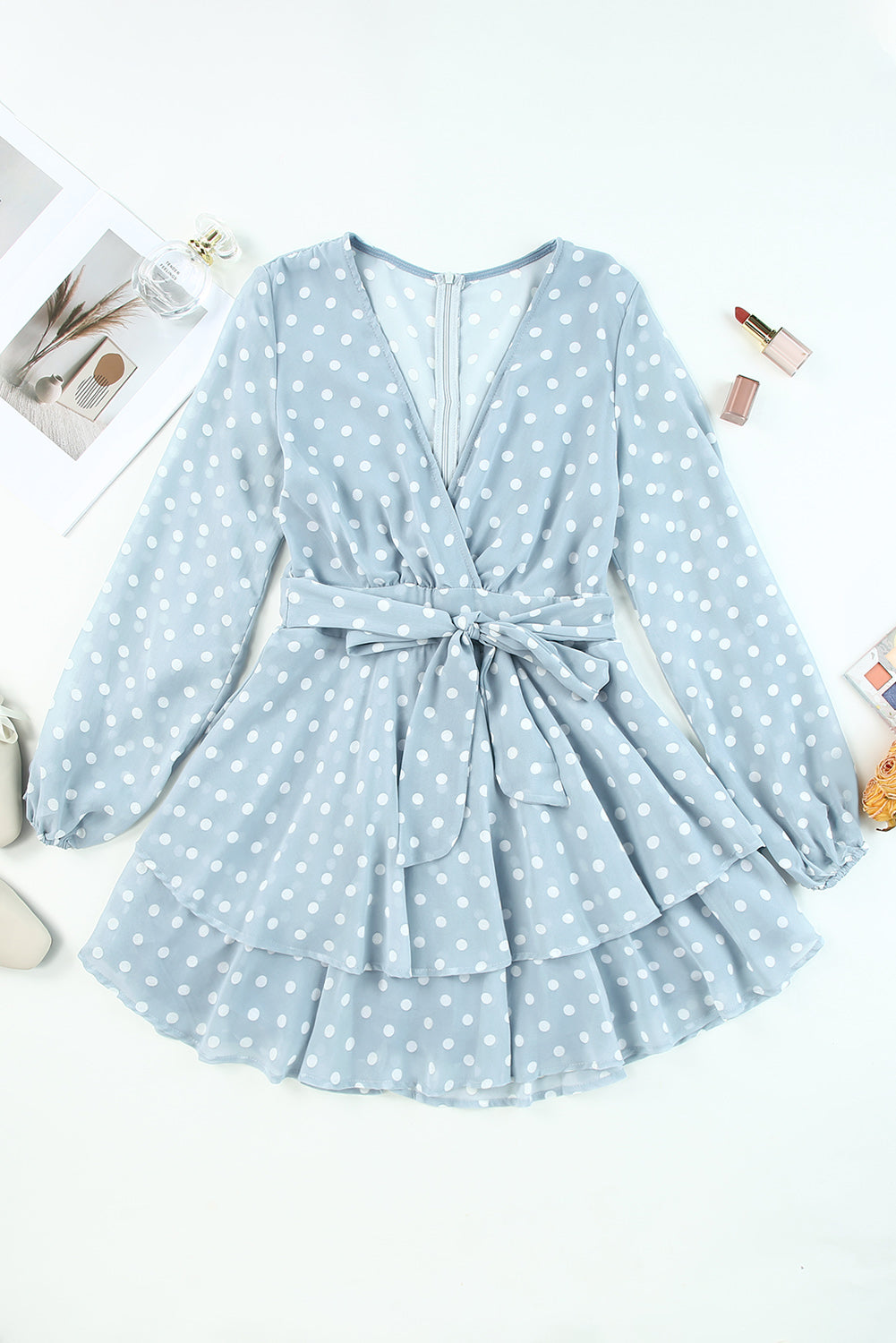 Sky Blue V Neck Baggy Sleeve Waist Tie Double Layer Ruffle Hem Dotted Print Short Dress