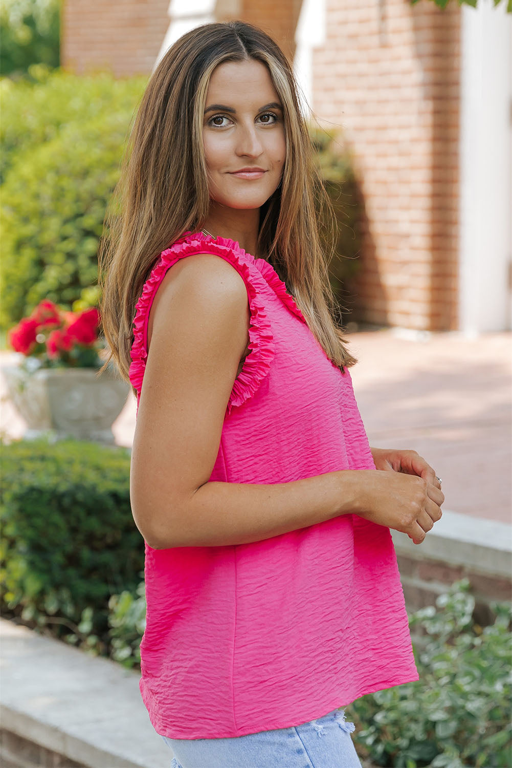 Beige Frilled Trim V Neck Tank Top