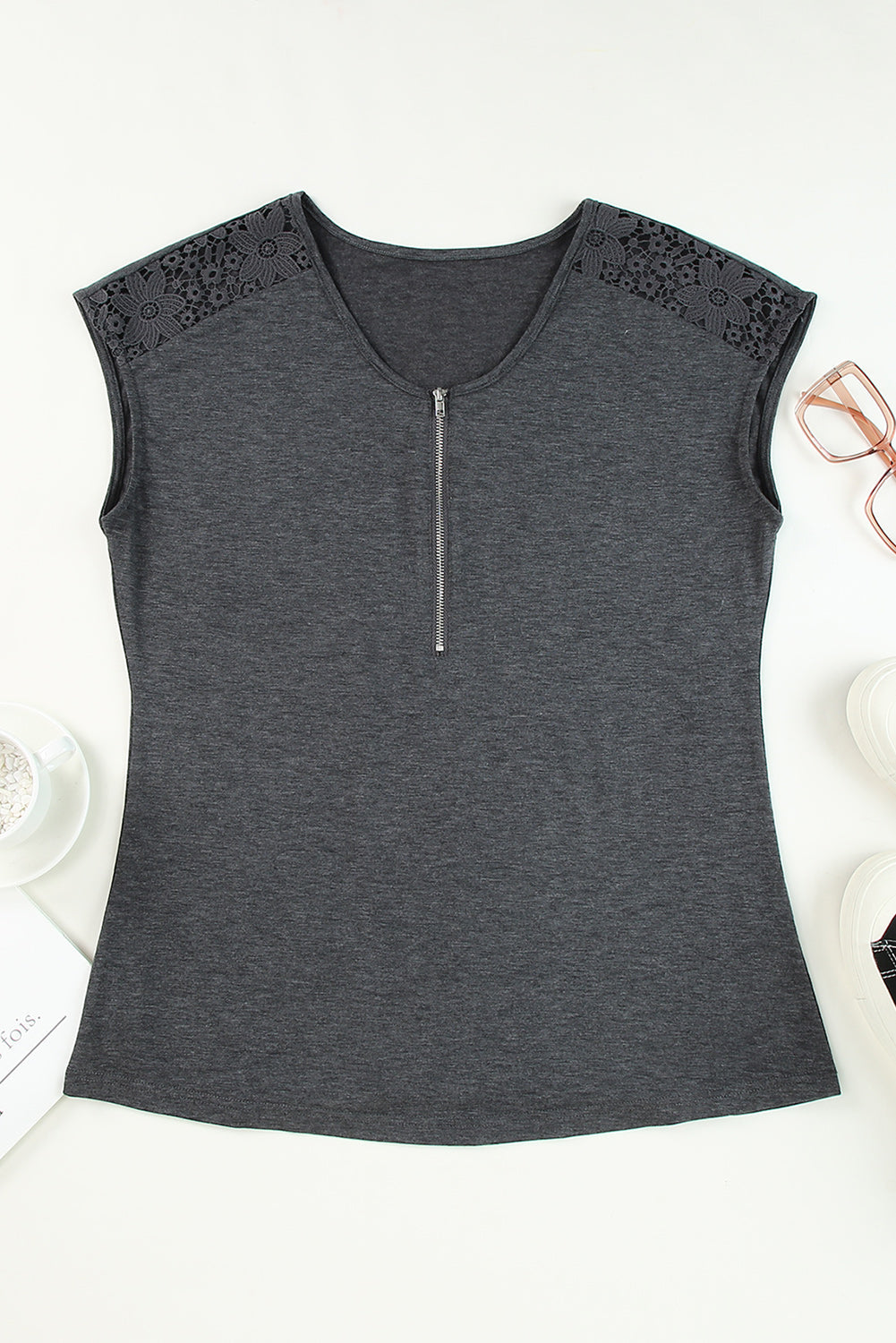 Gray Zip Neck Lace Splicing Tee