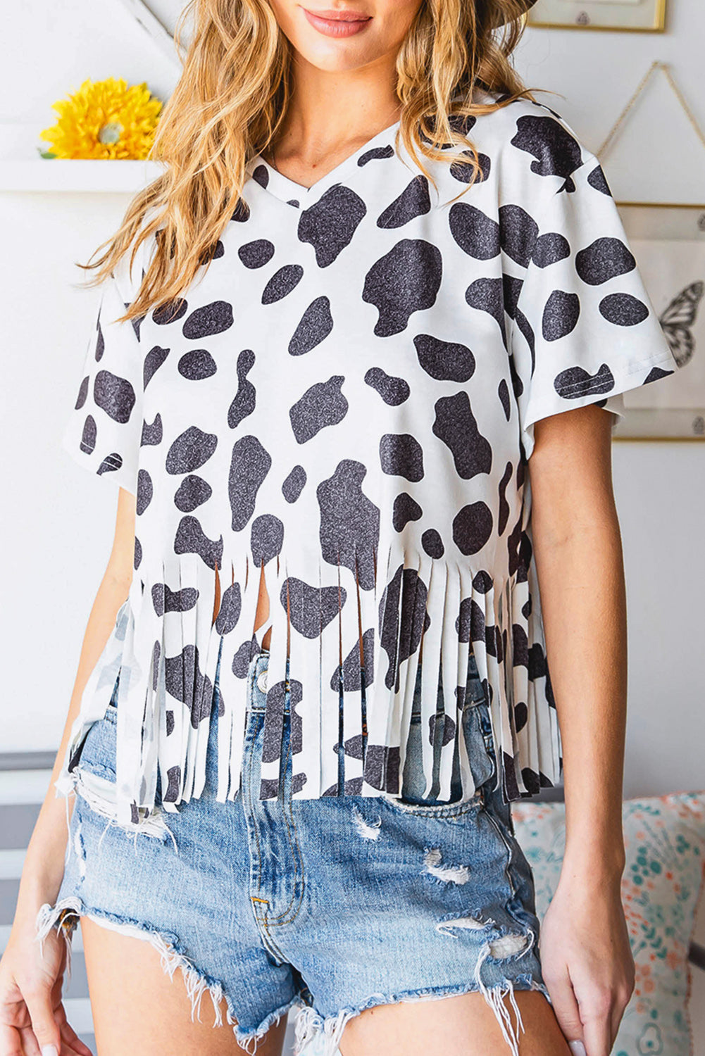 White Fringe Cow Print Short Sleeve Top