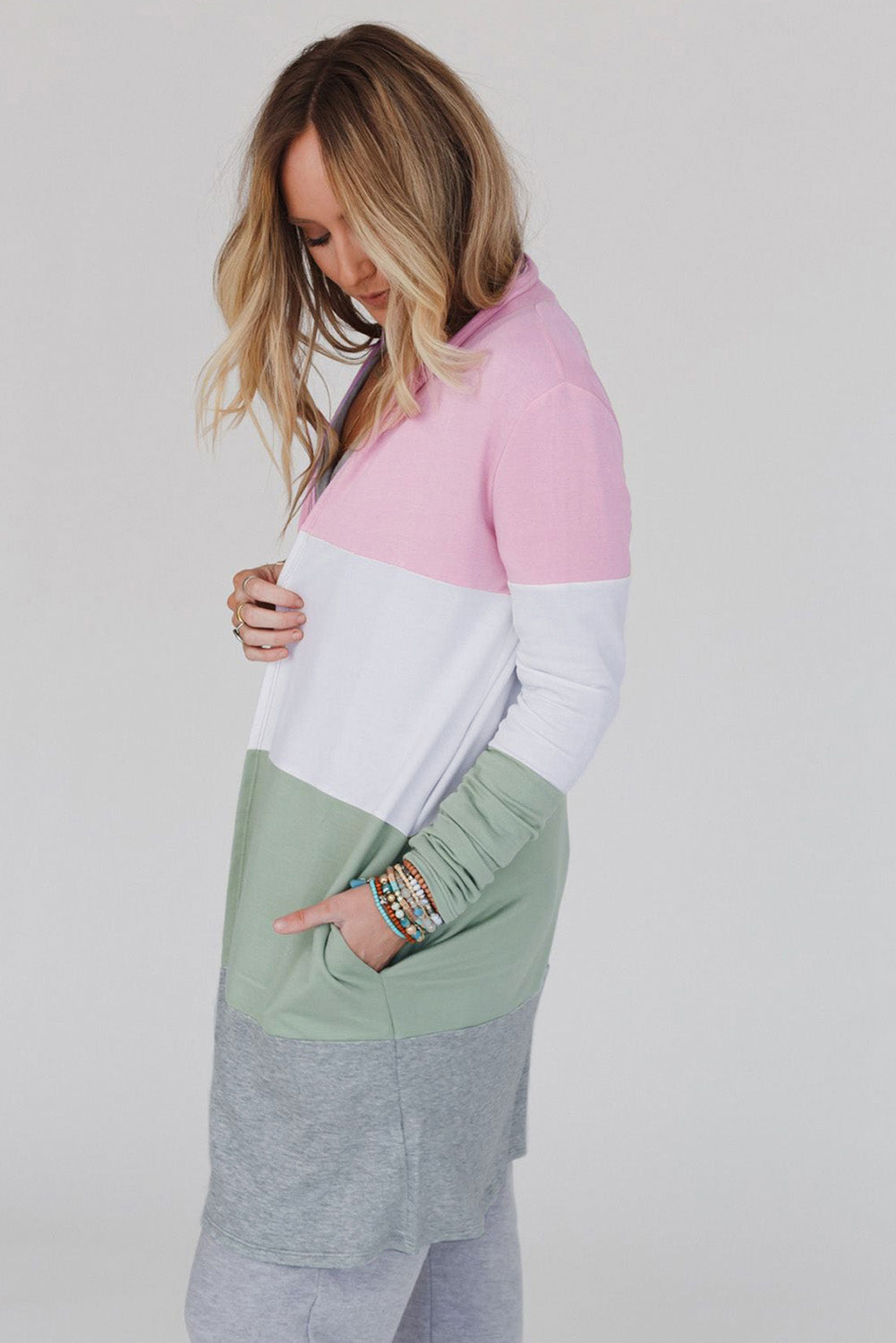 Pink Plus Size Colorblock Open Front Cardigan