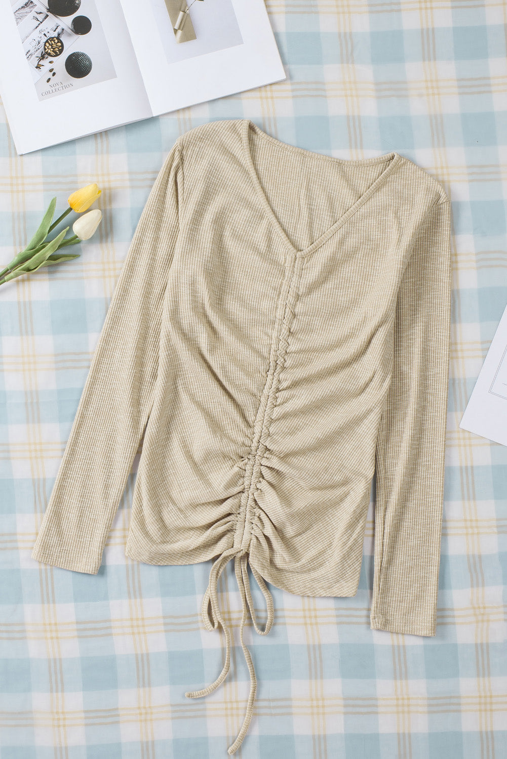 Gray Drawstring Ruched Knit Long Sleeve Top