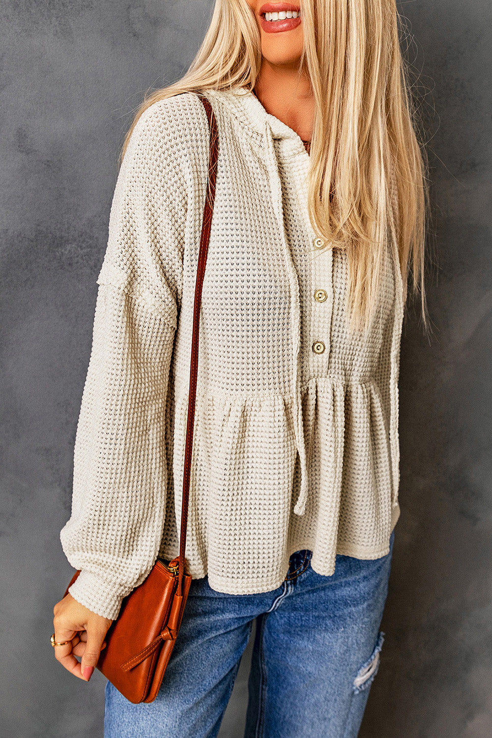 Apricot Waffle Knit Buttons Ruffled Hooded Top