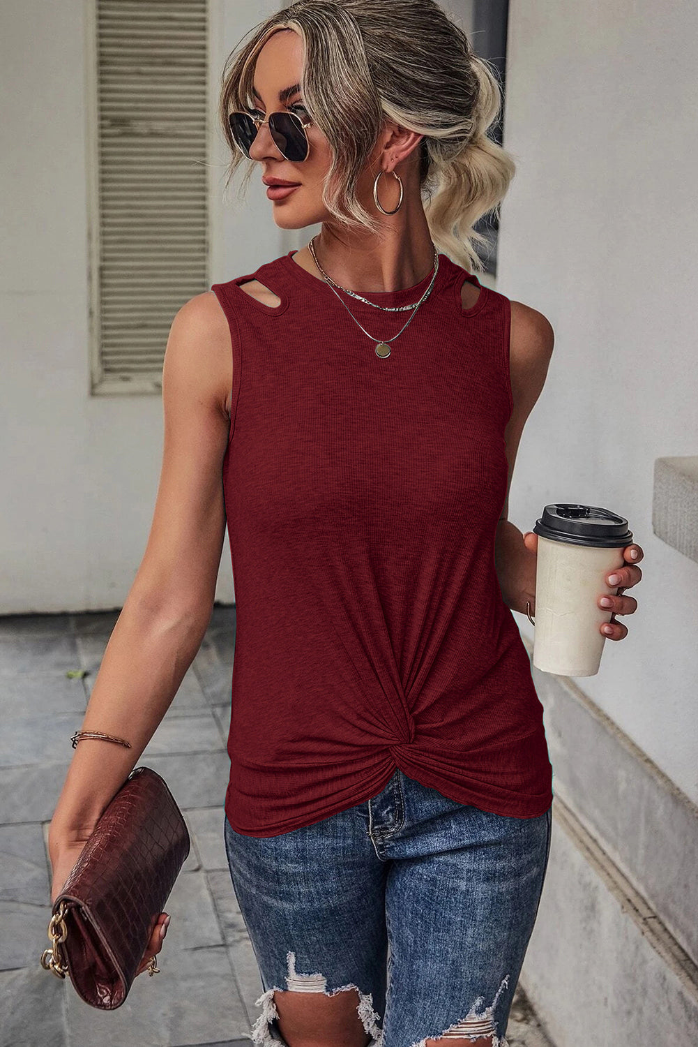 Red Rib Knit Cut-out Front Twist Tank Top