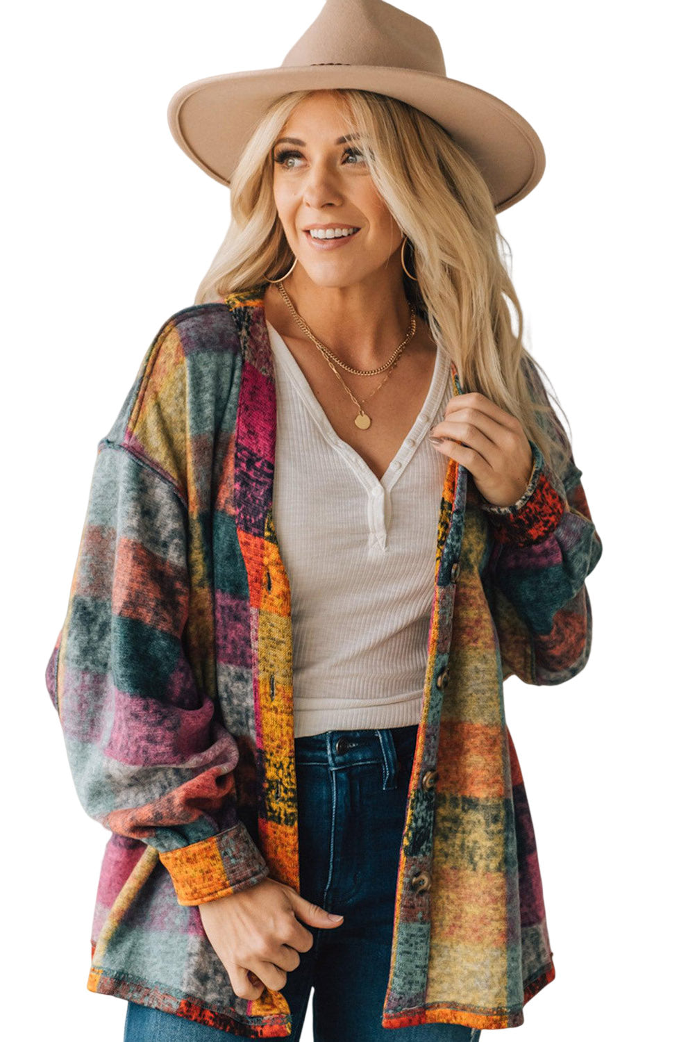 Multicolor Brushed Checked Western Buttoned Jacket