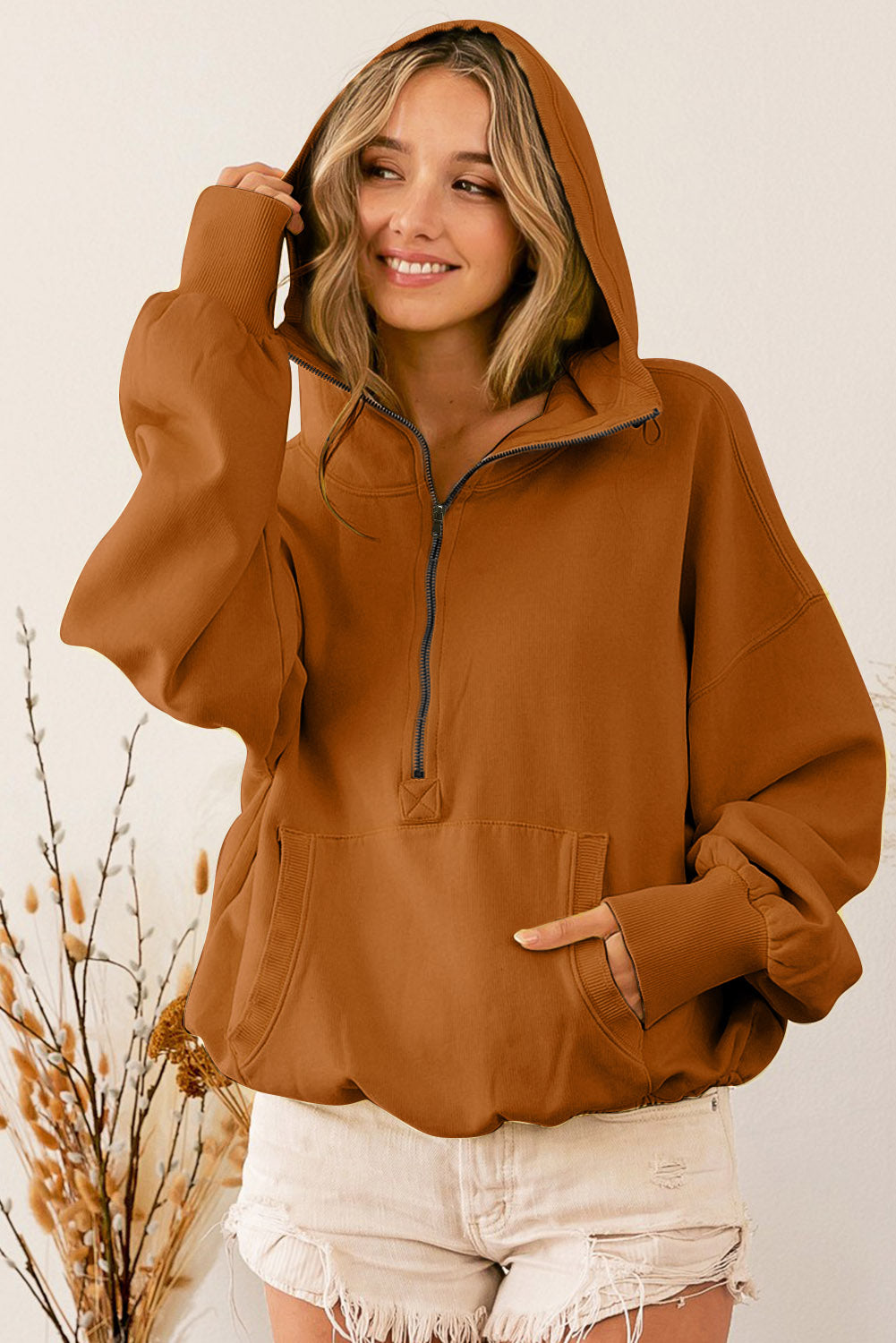 Gray Ribbed Trim Kangaroo Pocket Zipped Hoodie