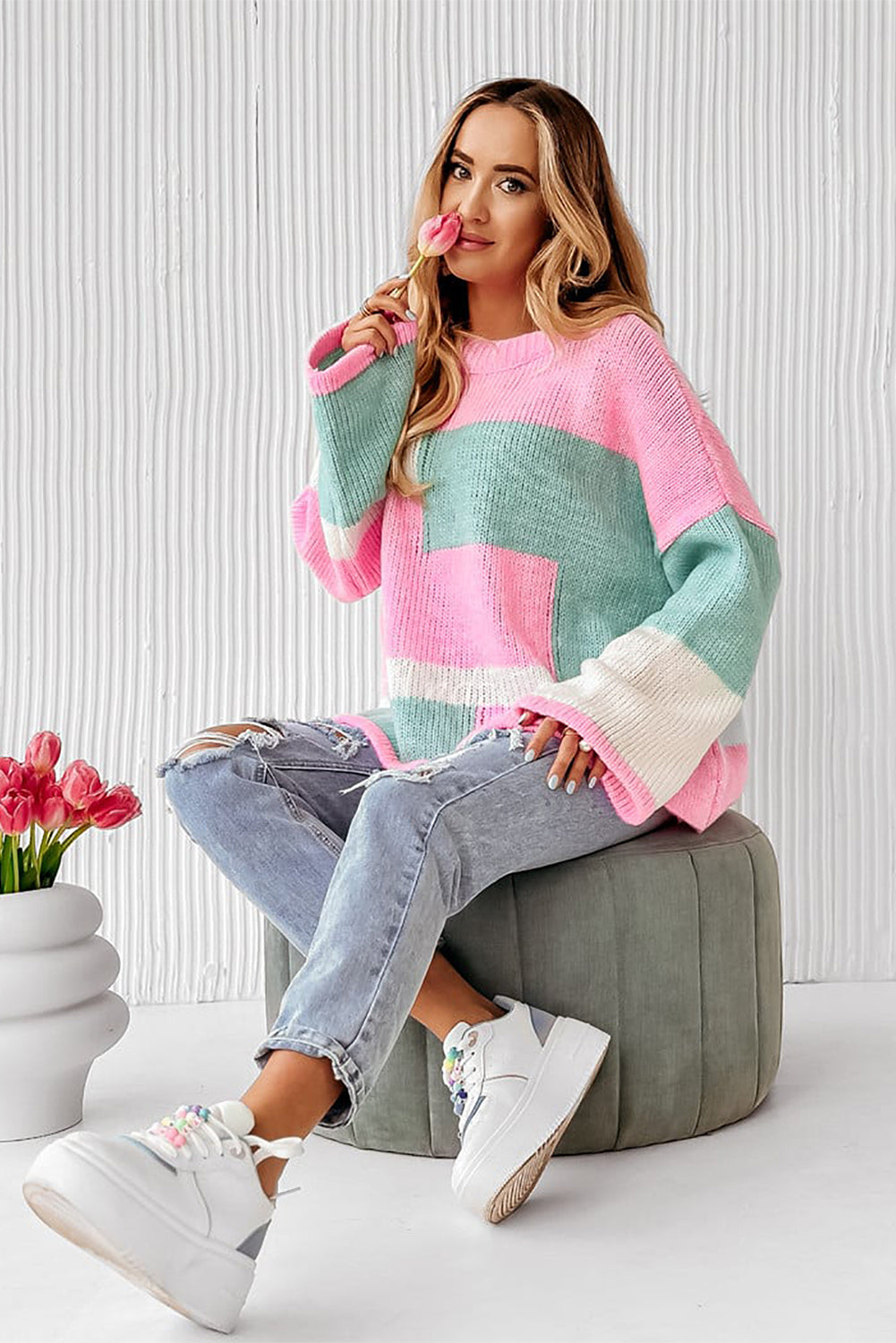 Pink Colorblock Drop Shoulder Bell Sleeve Sweater