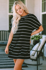 Black Striped Print Side Pockets Short Sleeve Tunic Top