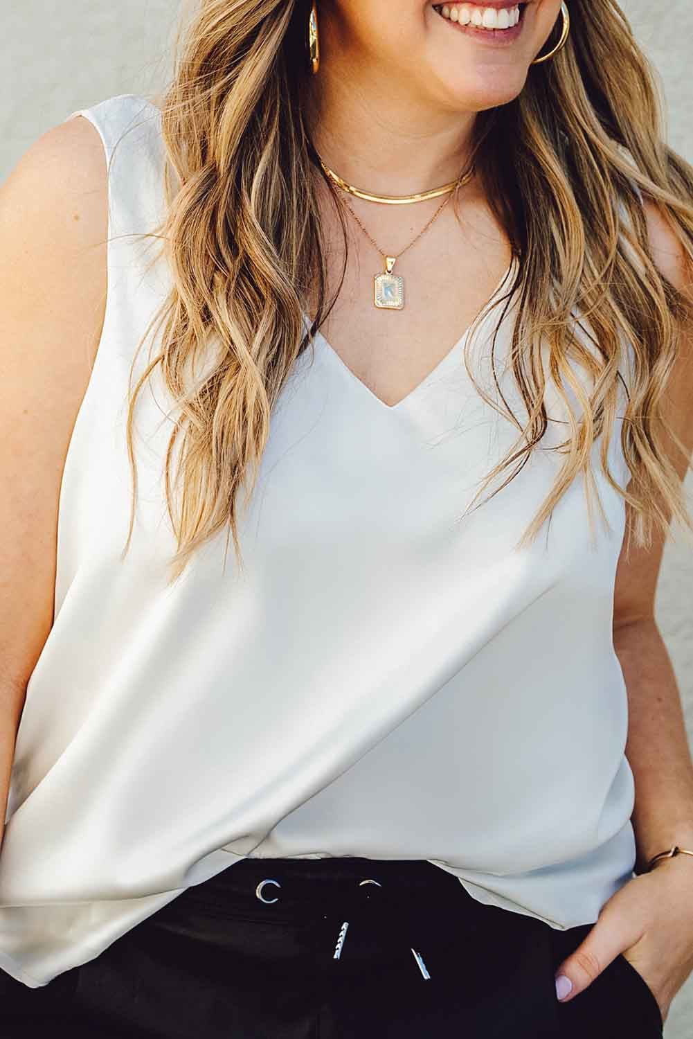 White Deep V Neck Loose Tank Top