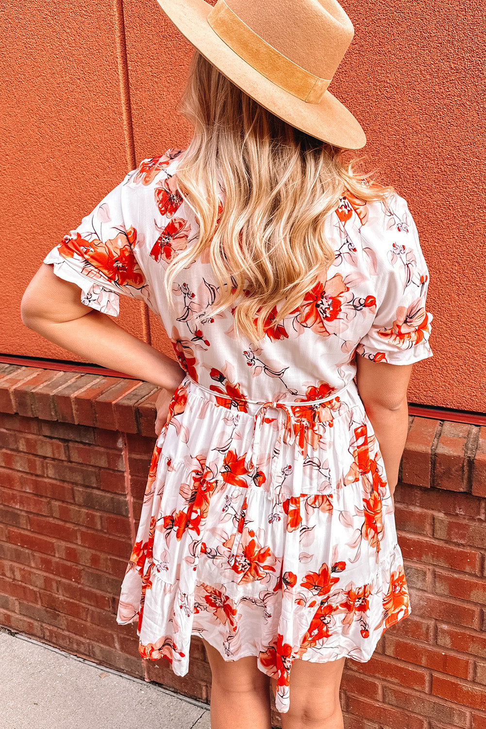 Beige Blooming Floral Tassel Tie Babydoll Dress