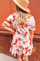 Beige Blooming Floral Tassel Tie Babydoll Dress