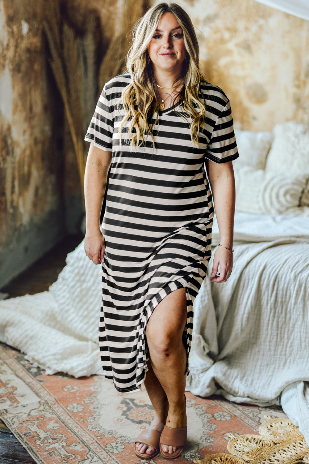 Black Stripe Print V Neck Maxi Dress with Side Splits