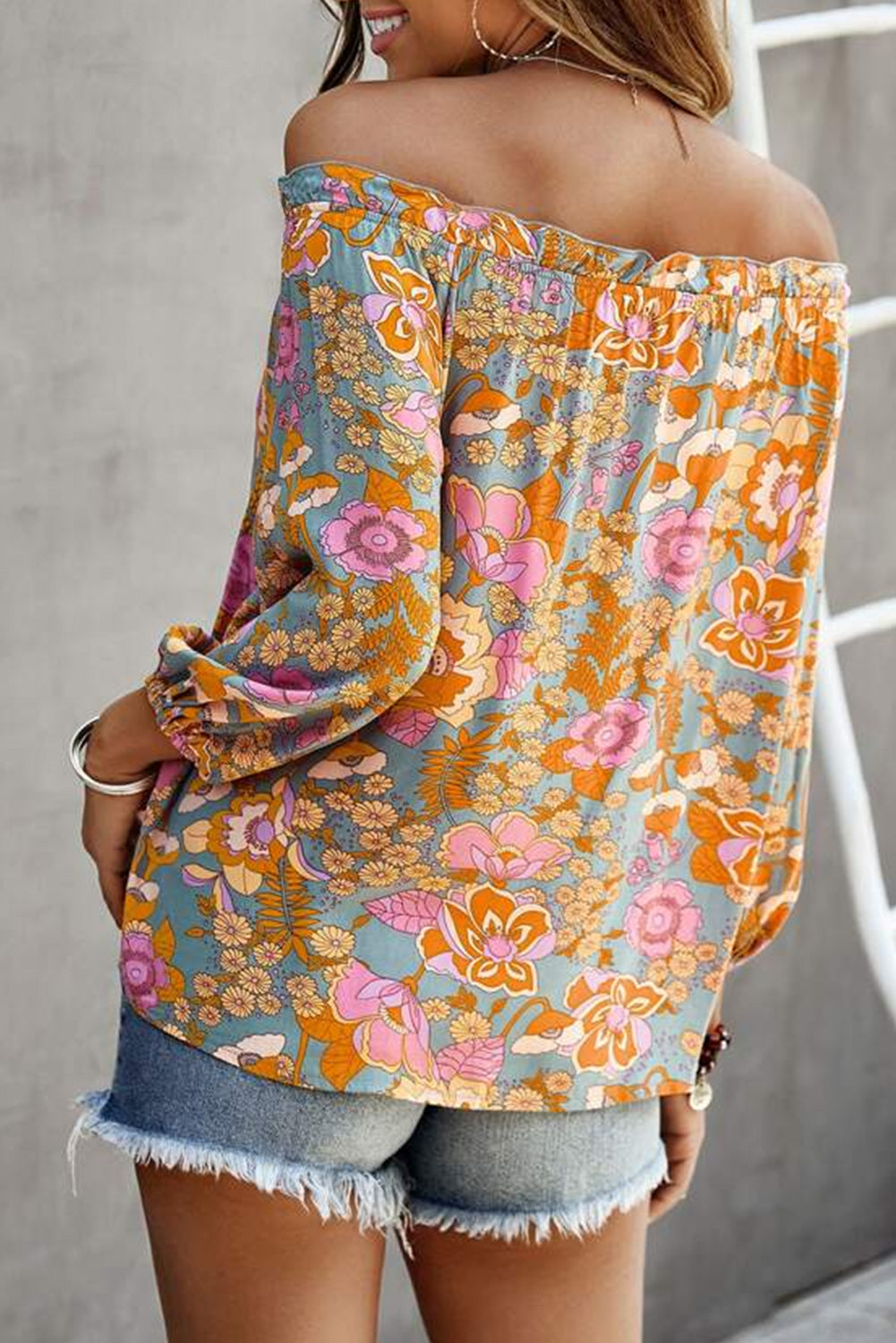 Blue Frilled Off Shoulder Floral Blouse