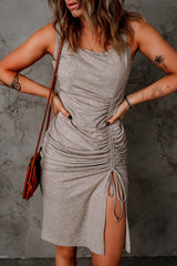 Gray Drawstring Ruched Sleeveless Bodycon Dress