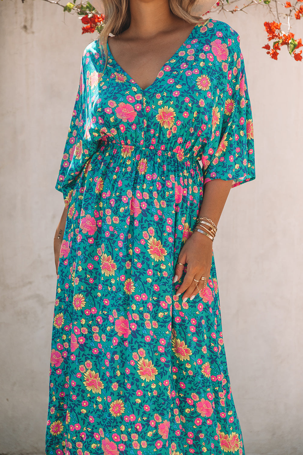 Green Boho Amicgp V Neck Floral Maxi Dress