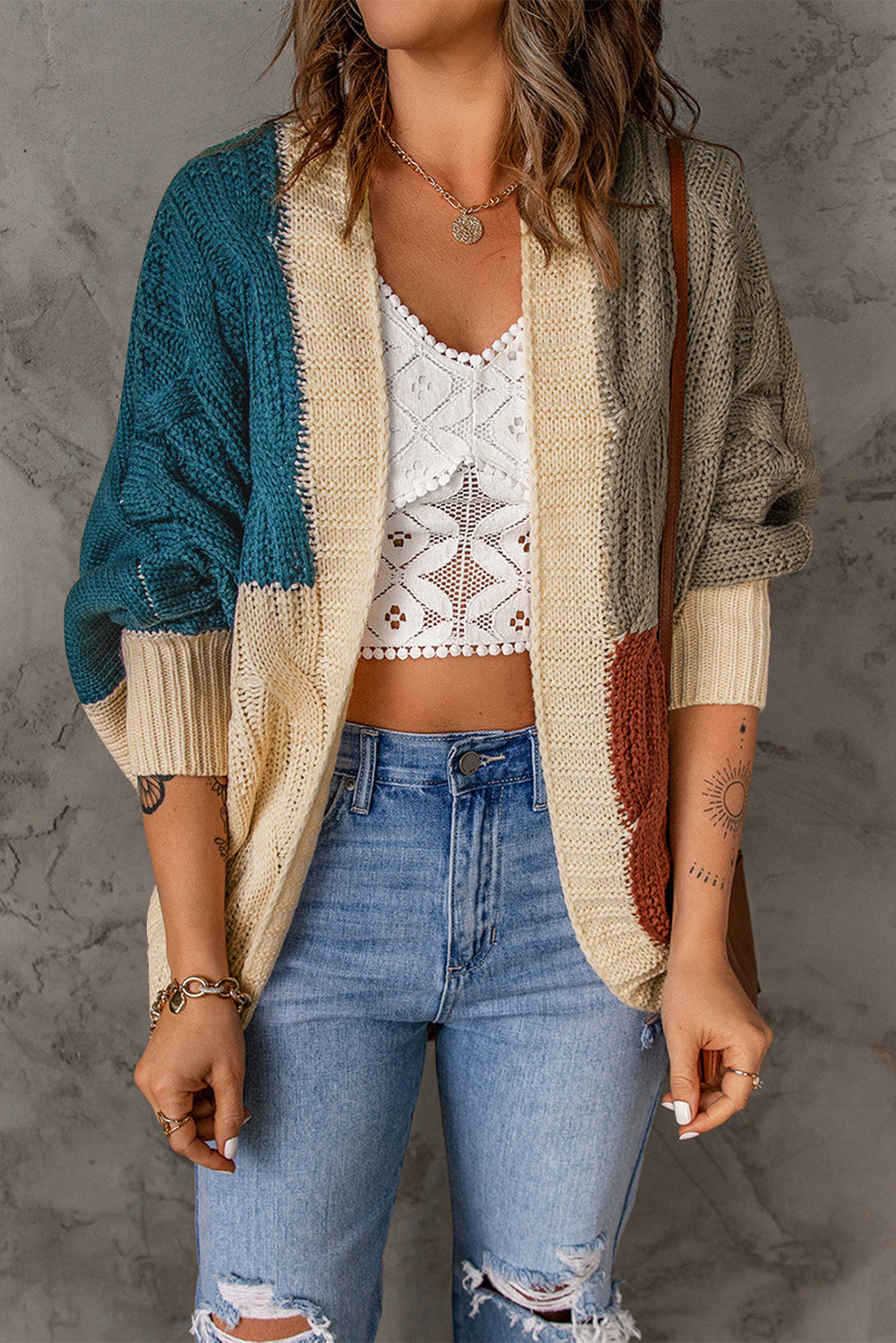 Brown Color Block Loose Open Front Knitted Cardigan