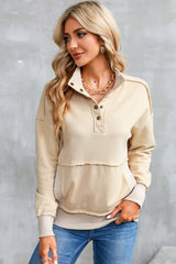 Khaki Ribbed Hem Snap Button Neckline Sweatshirt with Pocket