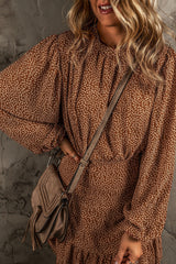 Coffee Leavy Print Long Sleeve Cinched Waist Ruffled Dress