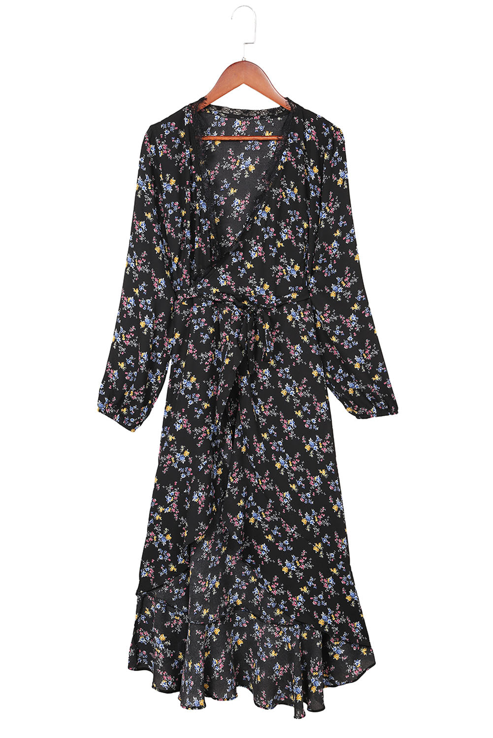 Black Wrap Eyelash V Neckline Long Sleeves Floral Dress