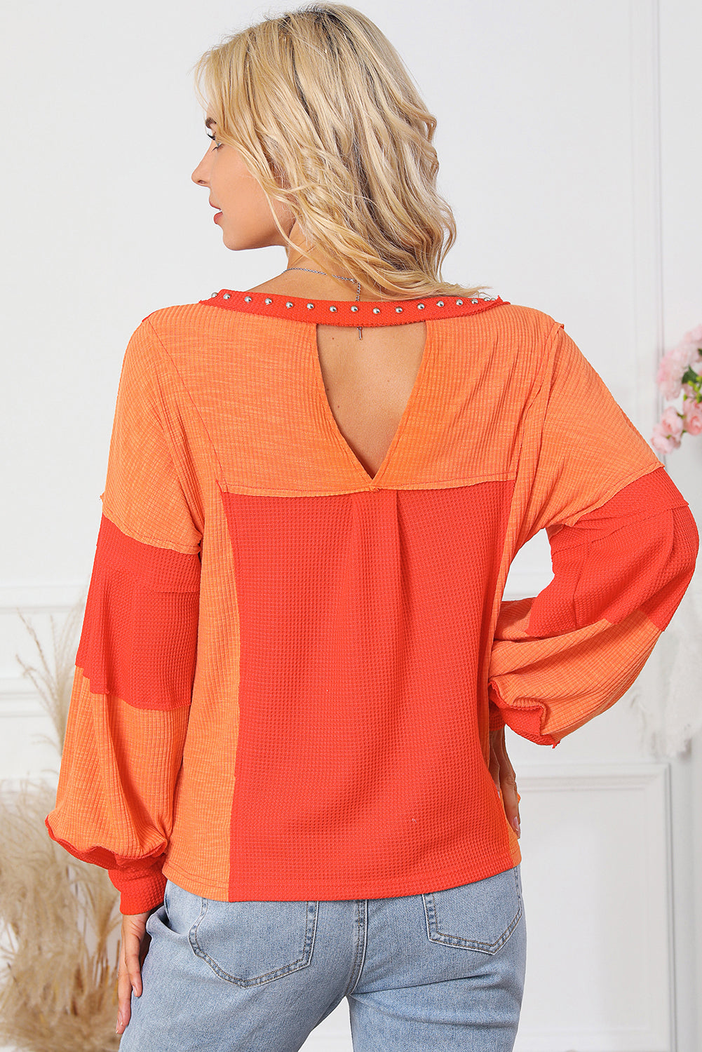 Red Studded V Neckline Exposed Seam Textured Knit Top