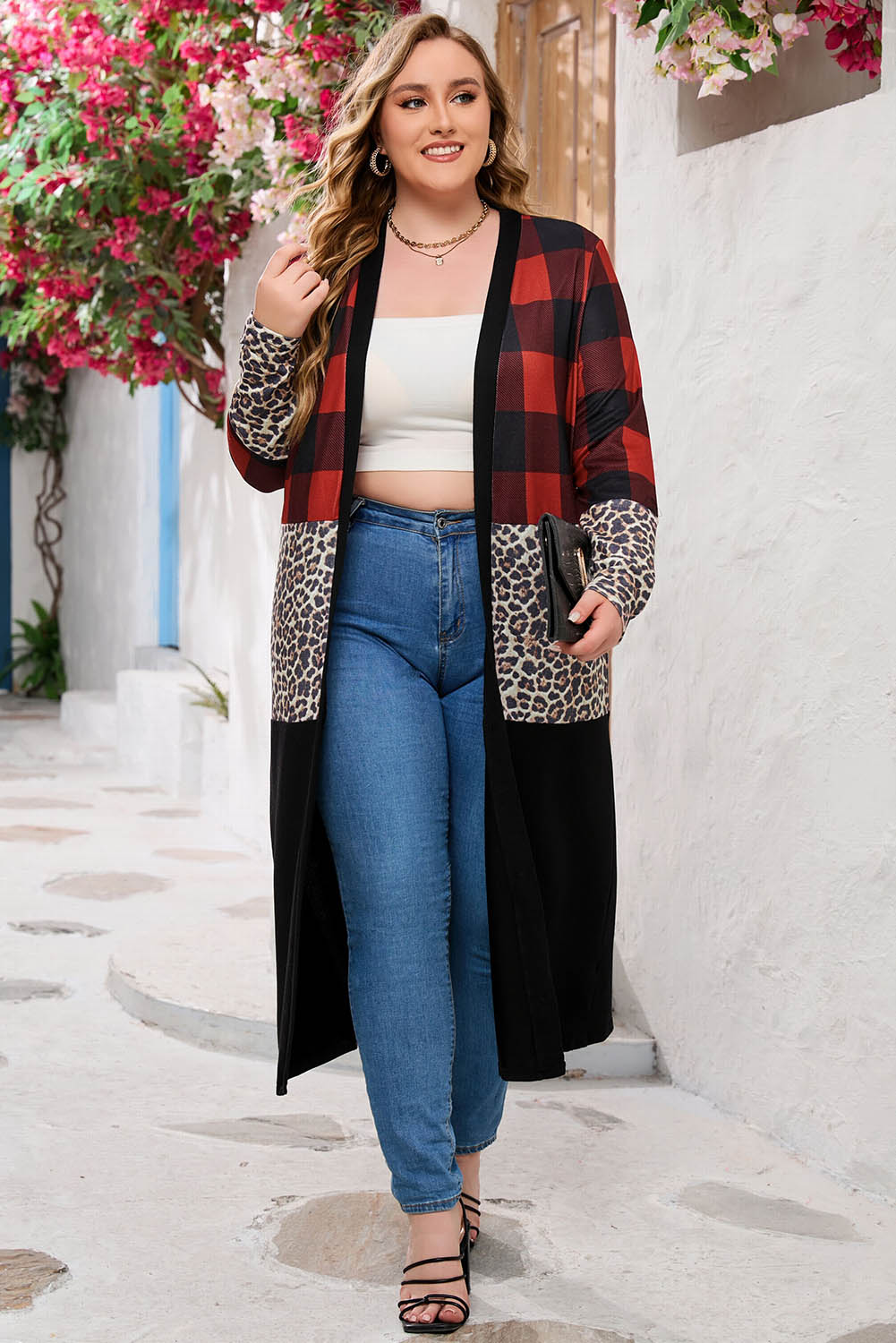 Red Buffalo Plaid Leopard Colorblock Plus Size Duster Cardigan