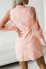 Pink Floral Lace Crochet Sheer Puff Sleeve Mini Dress