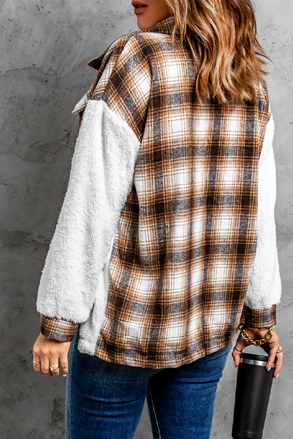 Gray Plaid Patchwork Buttoned Pocket Sherpa Jacket