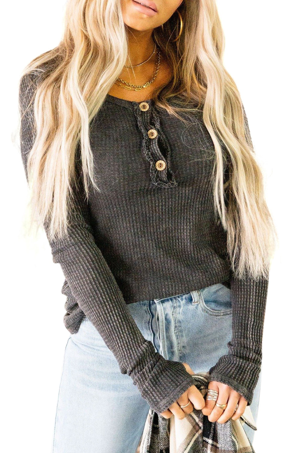 Gray Waffle Knit Long Sleeve Henley Top