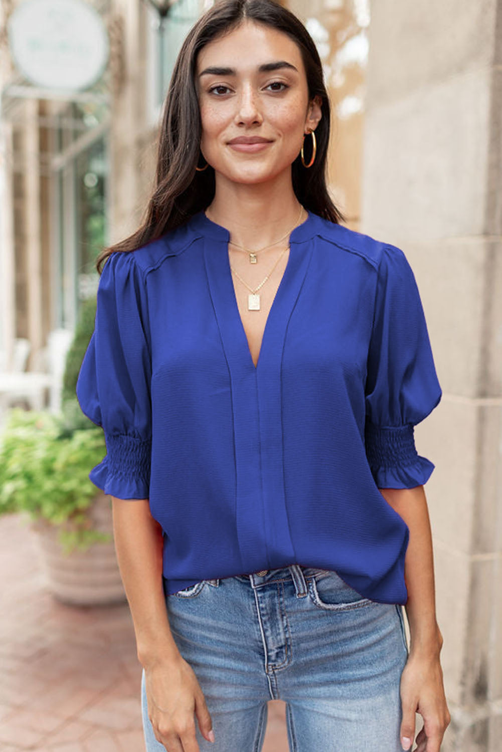 Red Solid Color Half Sleeve V Neck Blouse