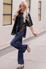 Black Luster Sequin Half Sleeves Draped Open Front Top