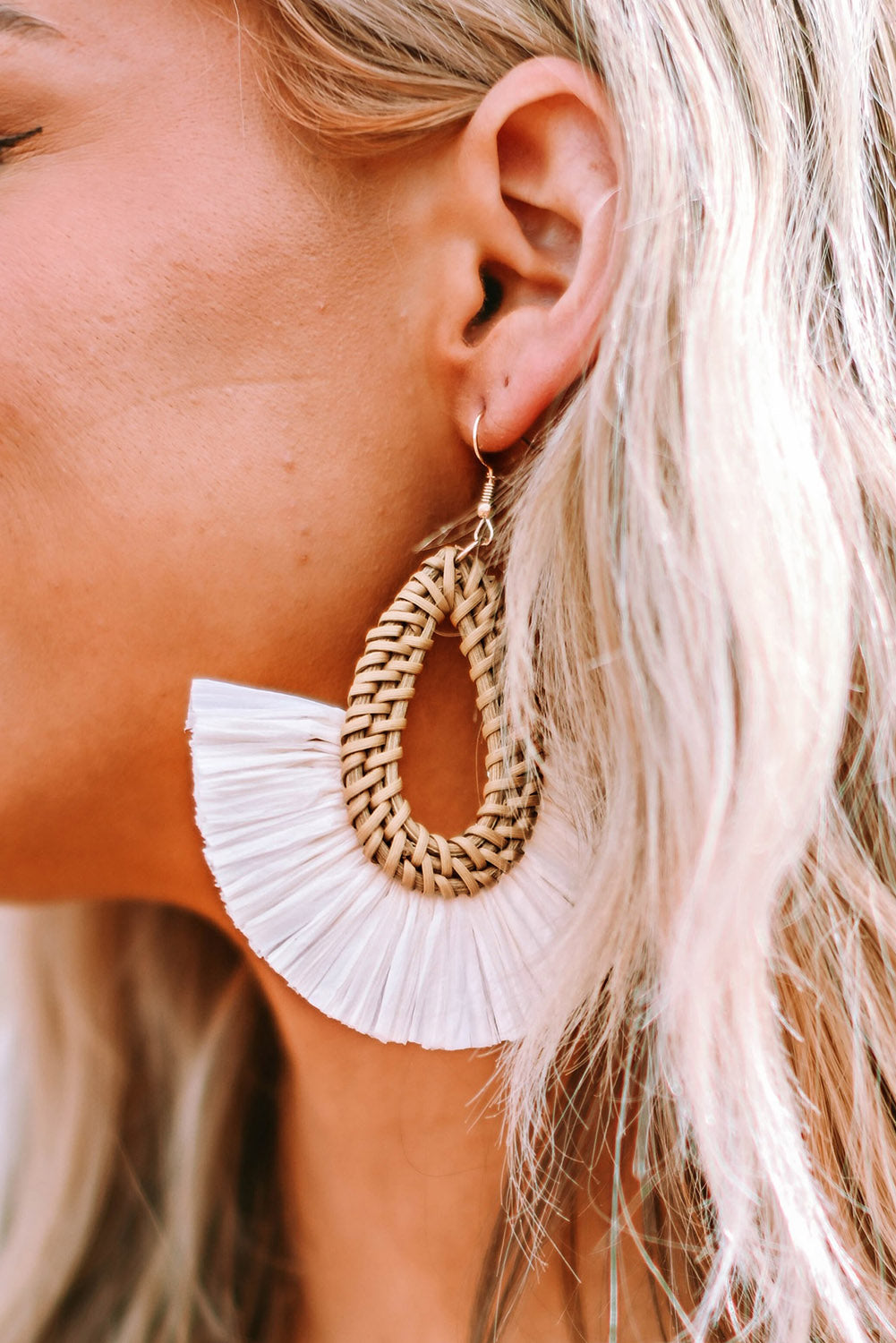 Beige Bohemian Semi-circle Woven Drop Earrings