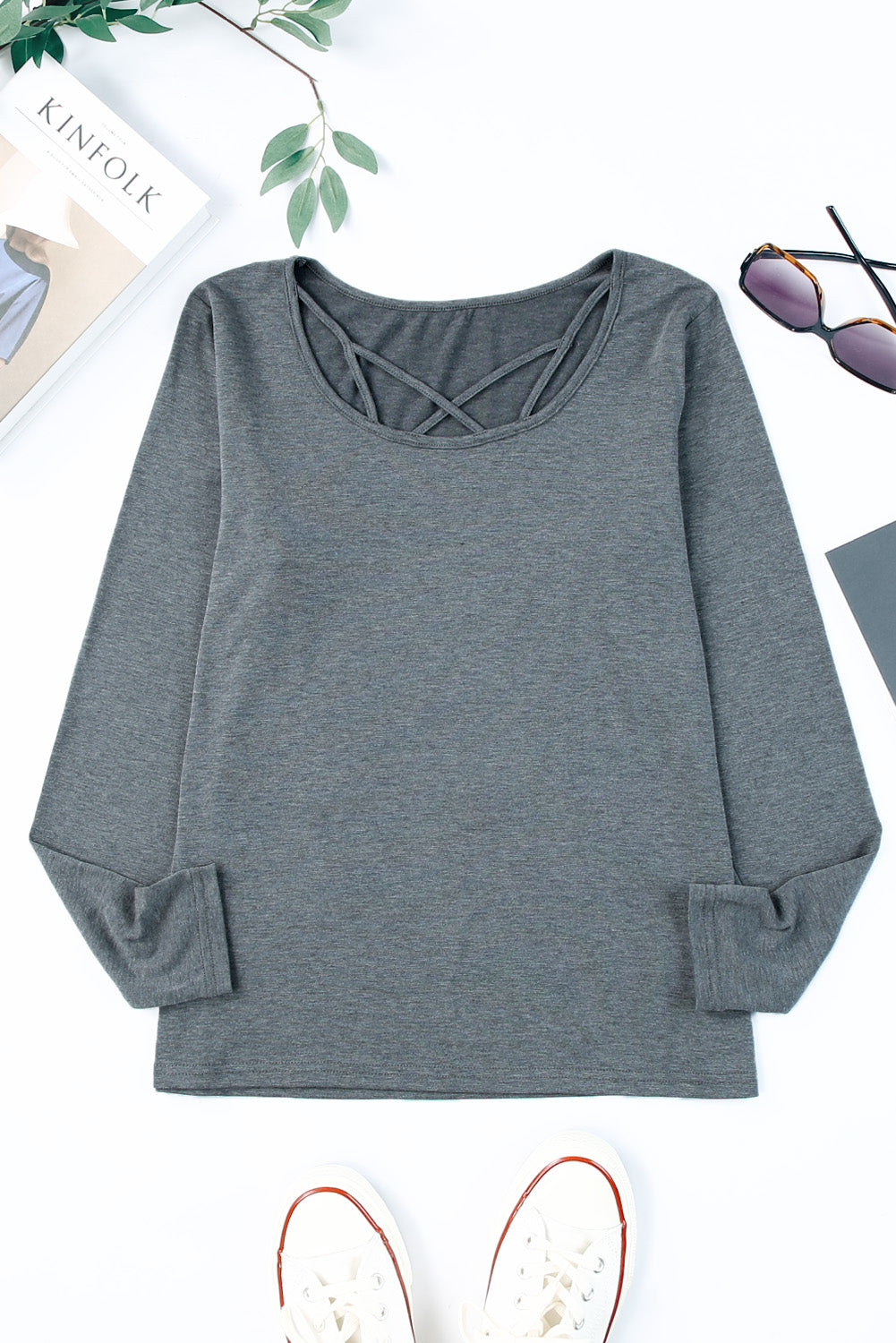 Gray Strappy Neck Detail Long Sleeve Top