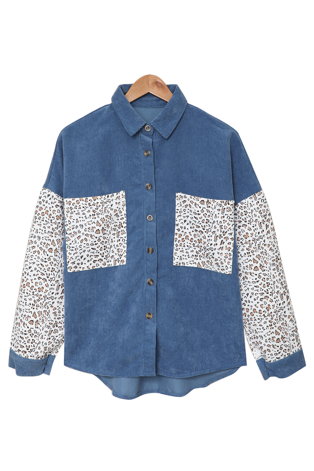 Gray Leopard Patchwork Corduroy Buttoned Shirt Jacket