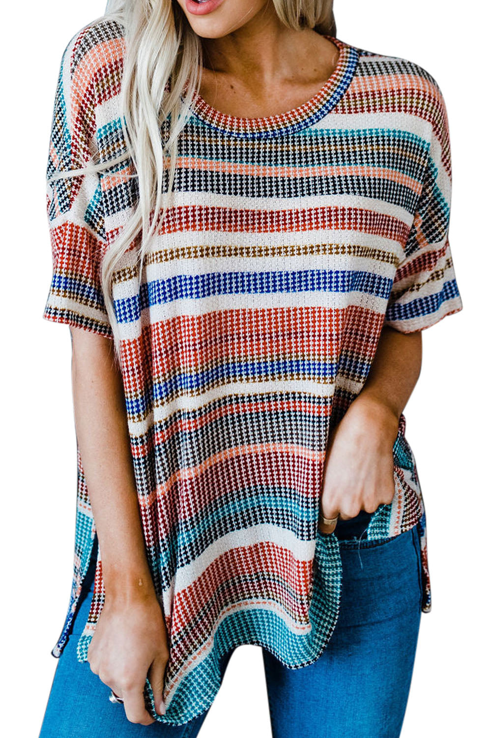 Multicolor Striped Loose T-shirt with Slits