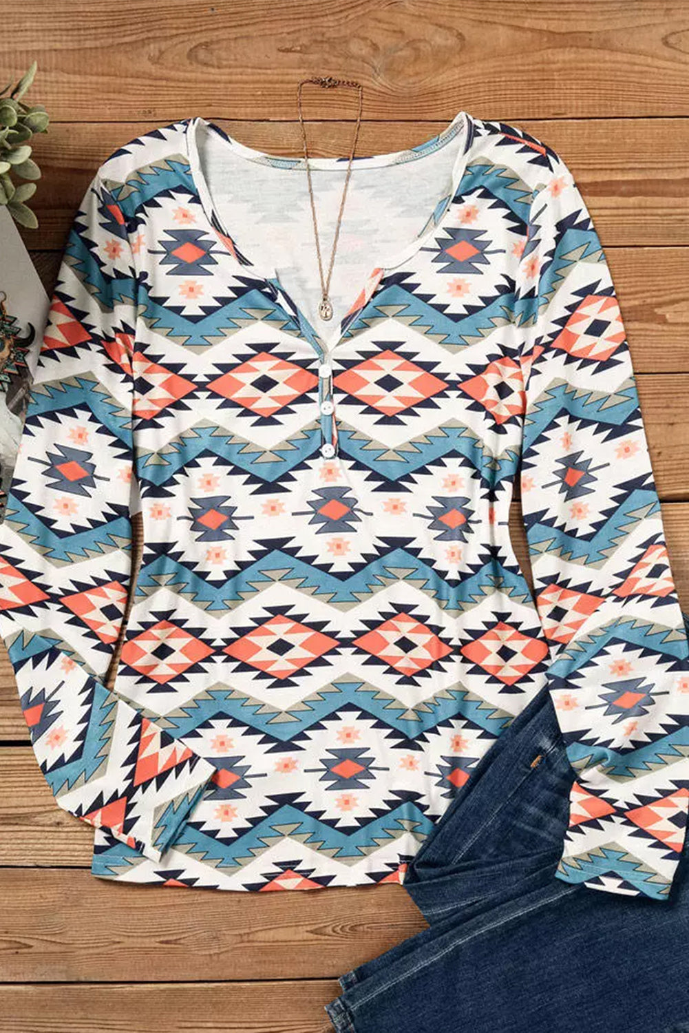 White Aztec Geometric Print Long Sleeve Henley Top