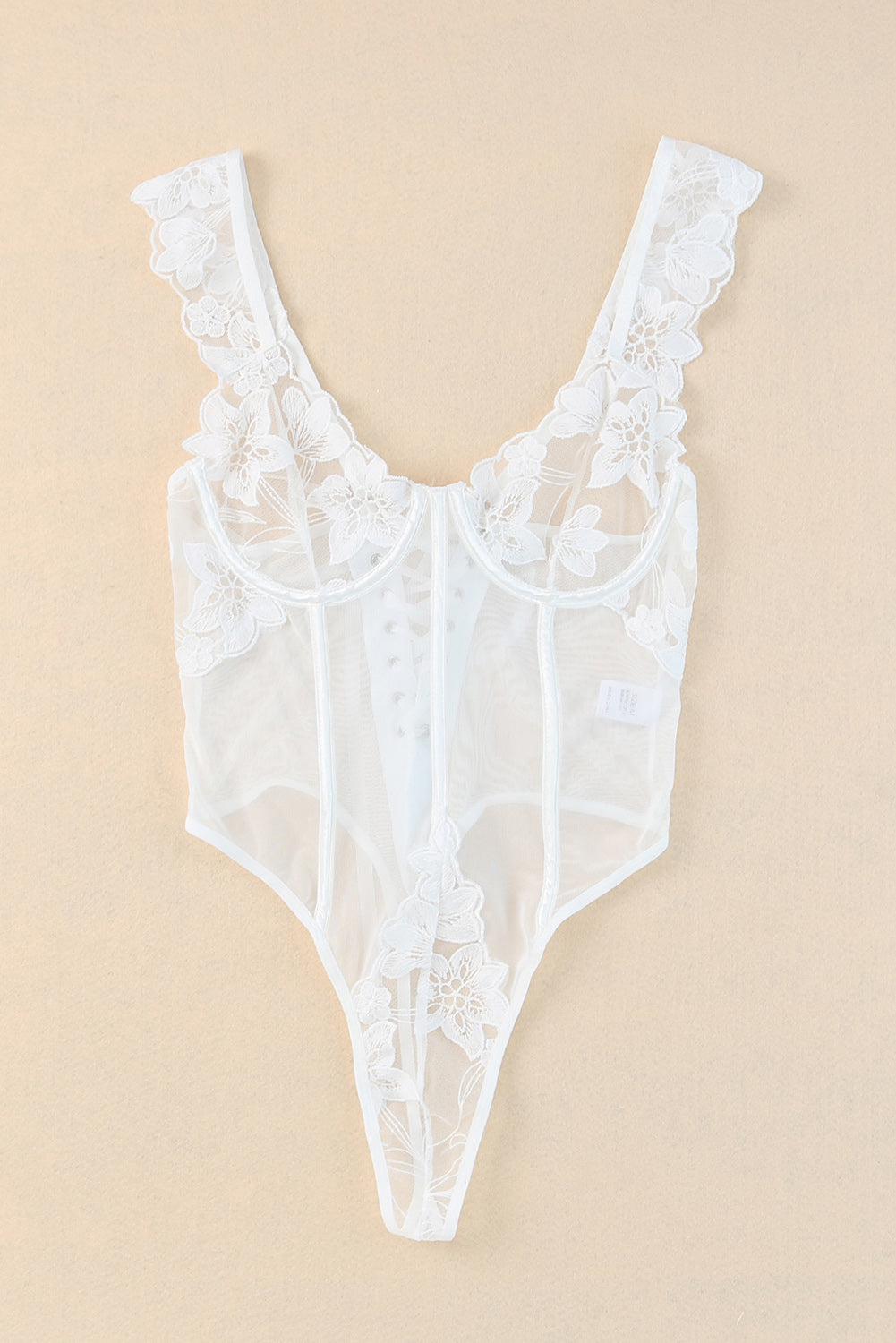 White Lily Floral Embroider Sheer Lace Up Teddy