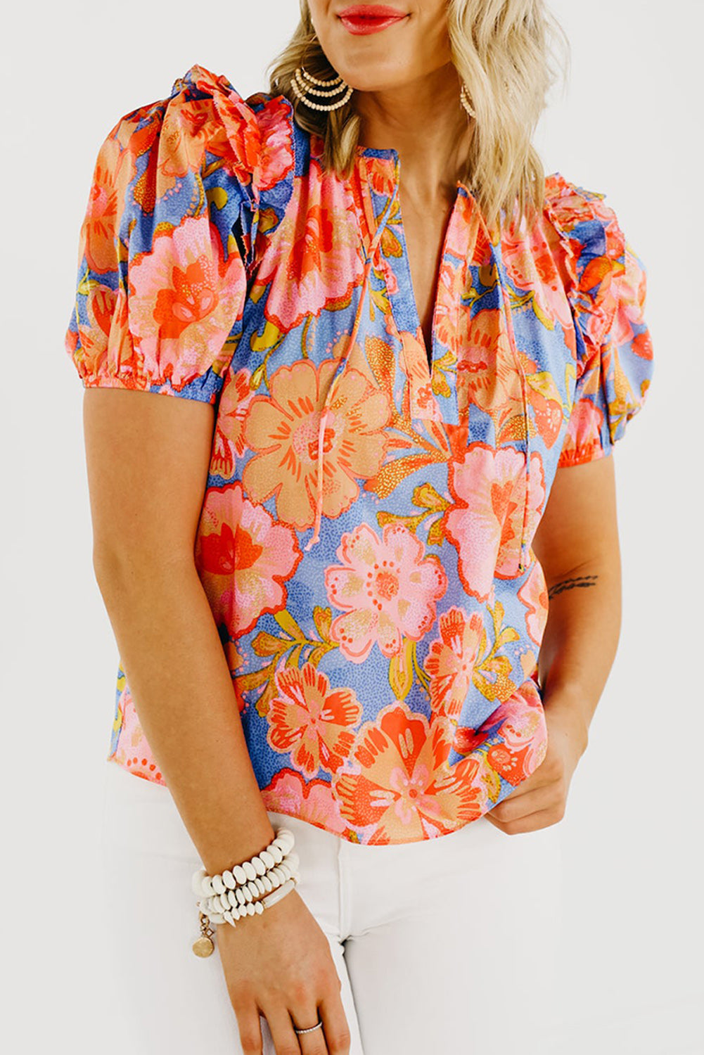 Multicolor Floral Bubble Sleeve V-Neck Plus Size Blouse