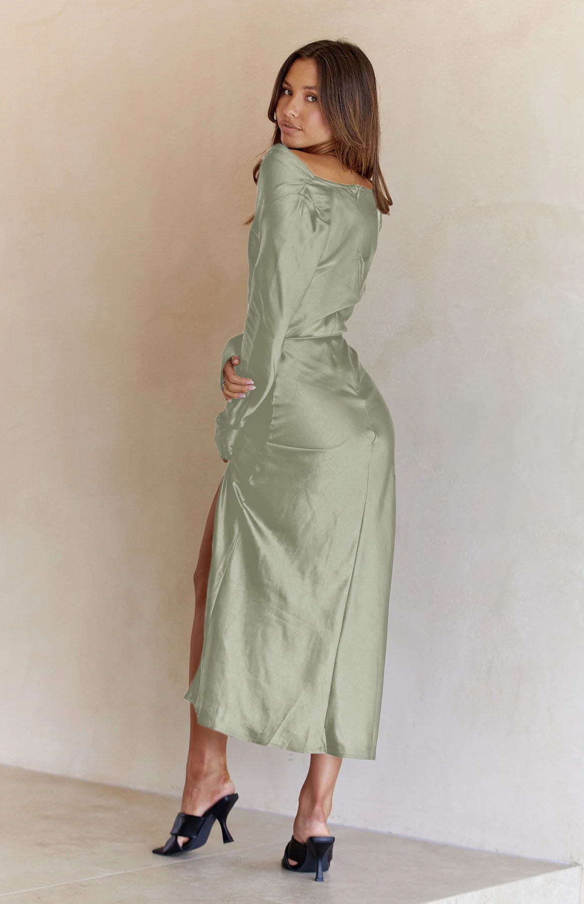 Black Drape Neck Tie Waist Long Sleeve Slit Dress