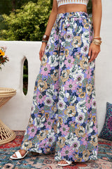 Purple Bohemian Floral Pattern High Waist Flared Pants