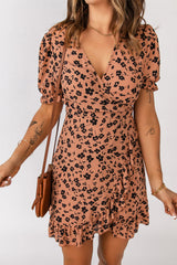 Brown Wrap V Neck Floral Dress with Ruffles