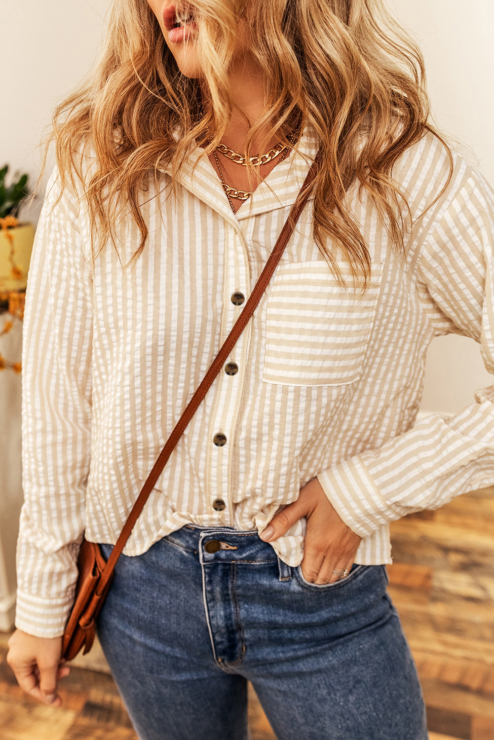 Stripes Chest Pocket Crinkled Shirt