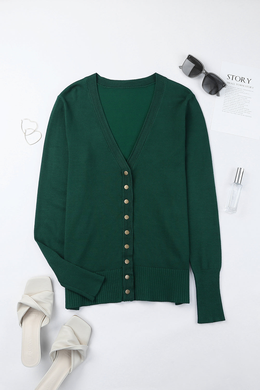 Green Lightweight Knit Ribbed Trim Snap Button Cardigan
