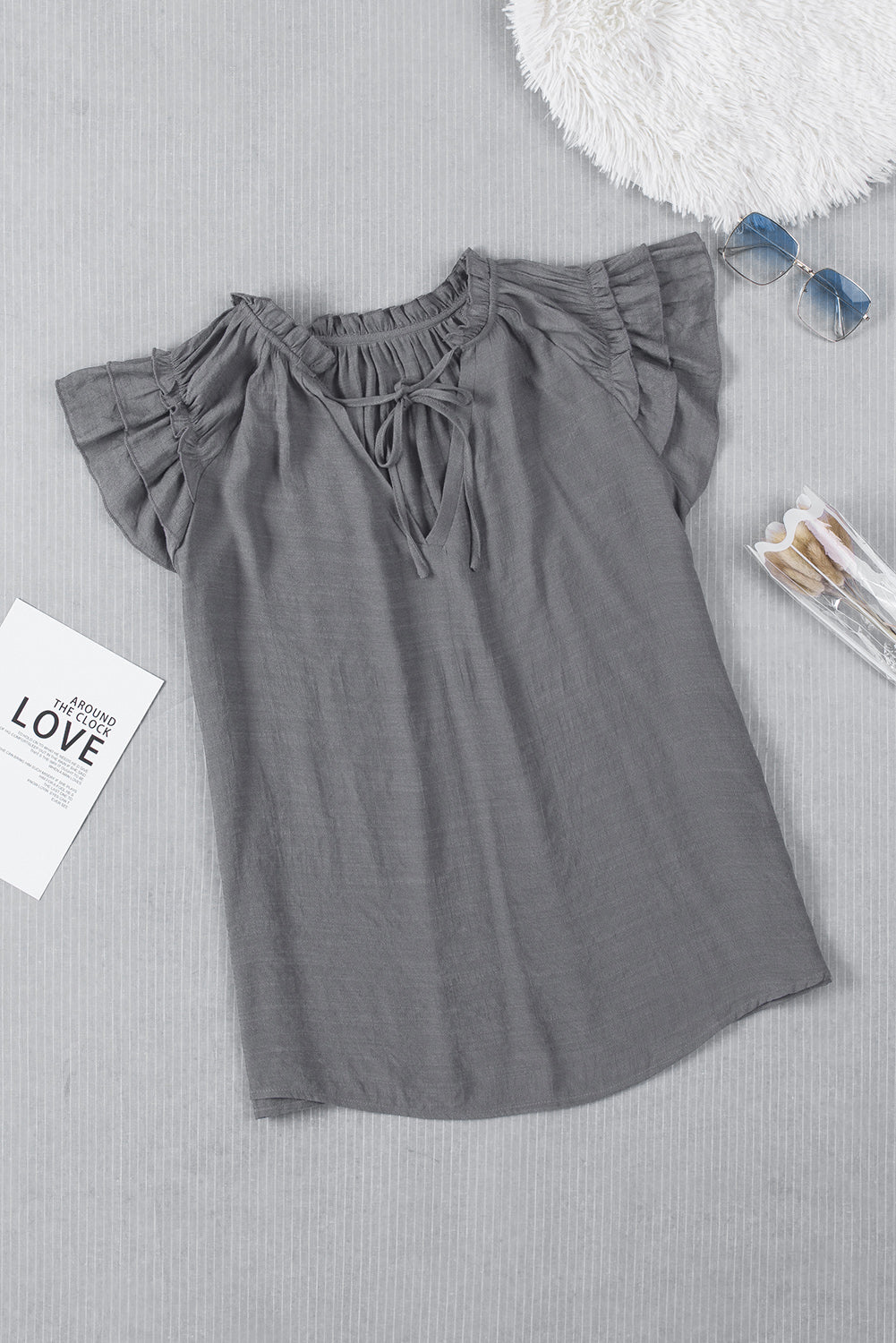 Gray Tiered Ruffled Drawstring V Neck Top