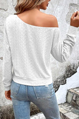 White Eyelet Embellished Asymmetric Neck Long Sleeve Top