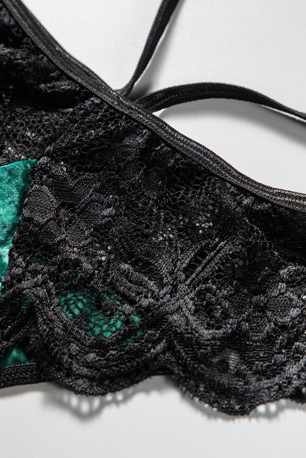 Green Strappy Lace Velvet Bralette Set