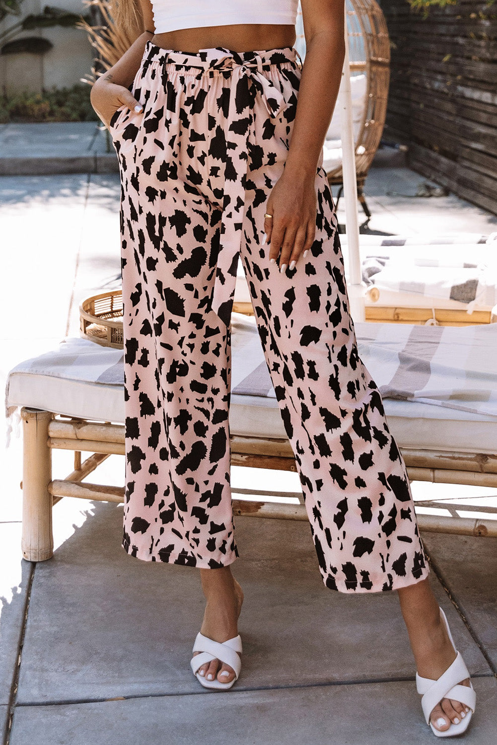 Pink Geometric Print Elastic Waist Pants with Tie