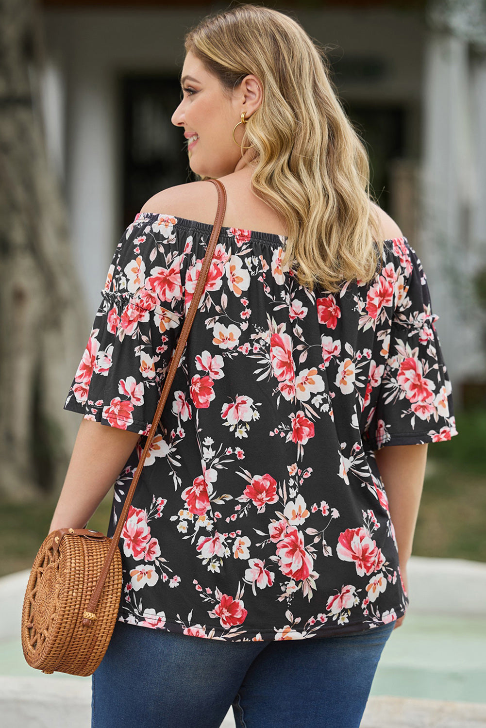 Black Floral Print Off Shoulder Plus Size Blouse