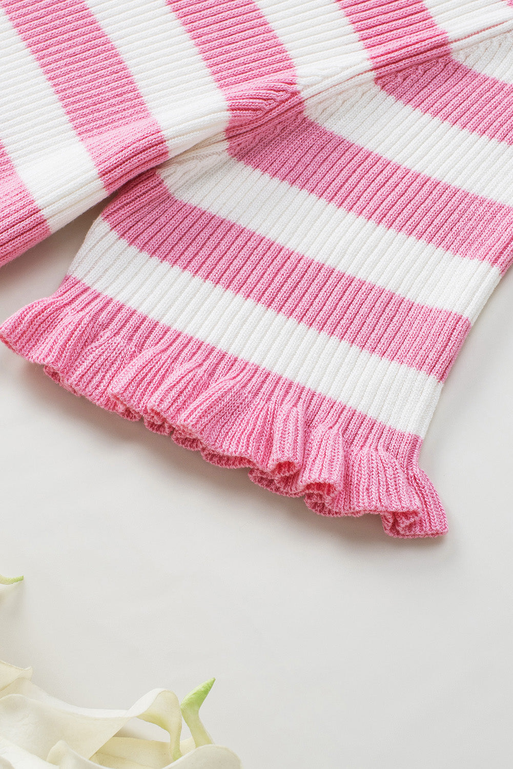 Pink Striped Ruffled Short Sleeve O-neck Knit Sweater Top