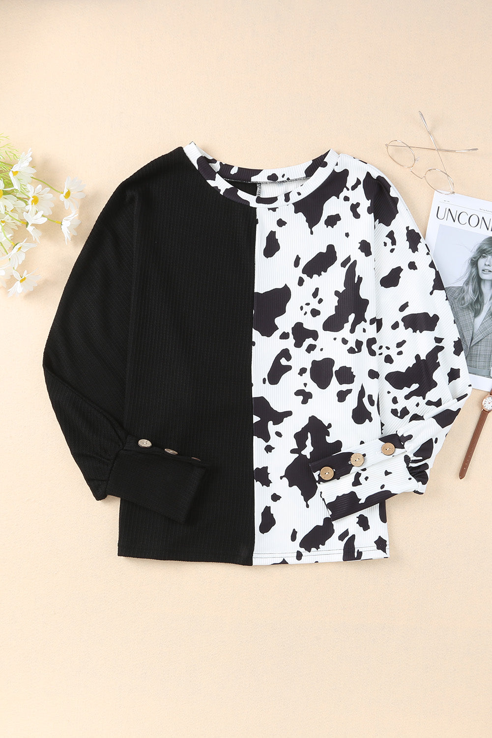 Black Cow Patchwork Waffle Knit Long Sleeve Top