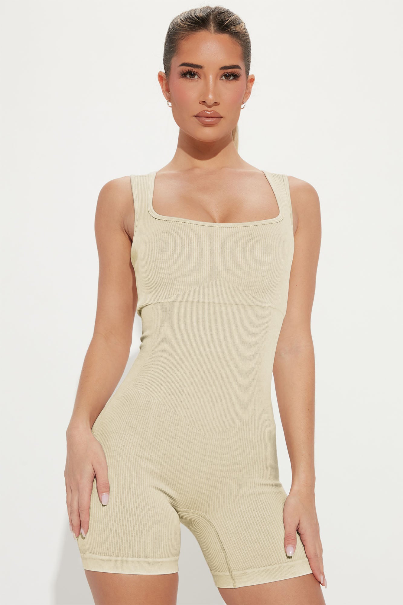 Black Ribbed Square Neck Padded Sports Romper